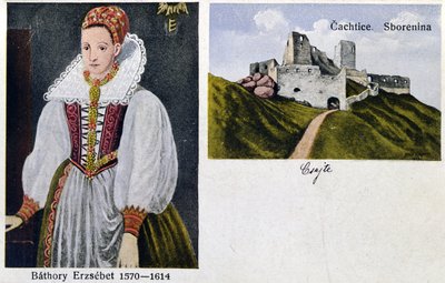 Postkarte, die Gräfin Elisabeth Bathory (1560-1614) und Schloss Cachtice darstellt von Hungarian School