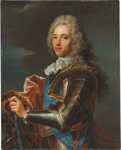 Porträt des Duc de Broglie, mit Schärpe des Ordens des Heiligen Geistes, mit Marschallstab von Frankreich von Hyacinthe Francois Rigaud