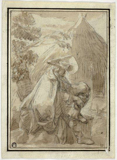 Sitzender Mann im Mantel bei Strohhütte von III Follower of Herman Saftleven
