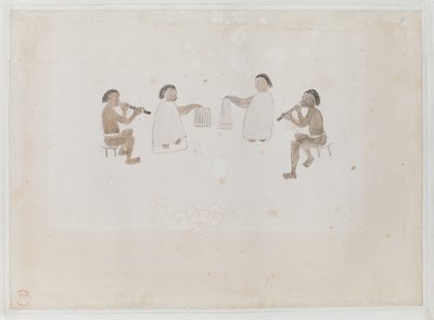 Musiker von Tahiti. Vier Tahitianer, zwei im Mare gekleidet, spielen die Nasenflöte; zwei im Tiputa gekleidet, schlagen Trommeln. Aufgezeichnet im Tagebuch von Joseph Banks I, 290 von I. F. Miller
