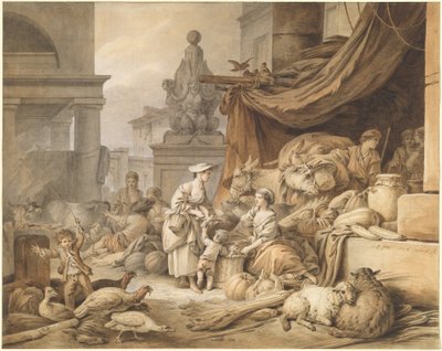 Marktszene mit einer fantastischen Skulptur von I Jean Baptiste Hüet