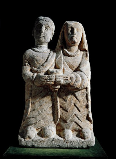 Iberische Kunst: Statuette eines Paares, das ein Opfer darbringt. Skulptur aus Albacete, Cerro de los Santos, Spanien. 4.-2. Jahrhundert v. Chr. Madrid, Nationales Archäologisches Museum von Iberian