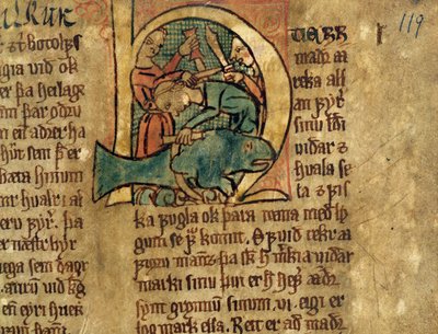 Historisierte Initiale H aus einem Artikel über die Aufteilung gestrandeter Wale, Kopie einer originalen Gesetzessammlung aus dem 14. Jahrhundert Jonsbok von Icelandic School