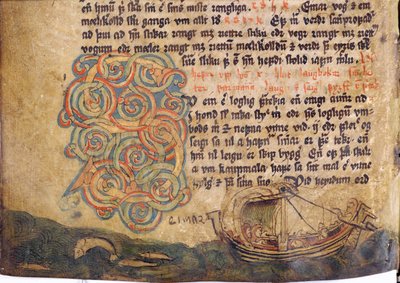 Historiierte Initiale S, aus einer Kopie der ursprünglichen Jonsbok-Gesetzessammlung aus dem 13. Jahrhundert von Icelandic School