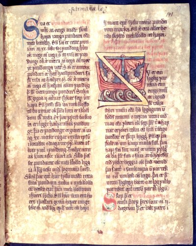 Historisierte Initiale vom Beginn eines Kapitels über Seefahrt und Handel, Kopie einer originalen Gesetzessammlung aus dem 14. Jahrhundert Jonsbok von Icelandic School
