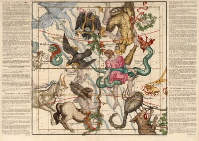 Wintersonnenwende, Tafel 5 aus Globi coelestis in tabulas planas redacti descriptio, veröffentlicht 1674 (handkolorierter Stich) von Ignace Gaston Pardies