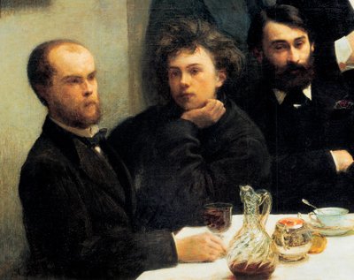 Tischecke: von links nach rechts: Paul Verlaine, Arthur Rimbaud, Elzear Bonnier. (Gemälde, 19. Jahrhundert) von Ignace Henri Jean Fantin Latour