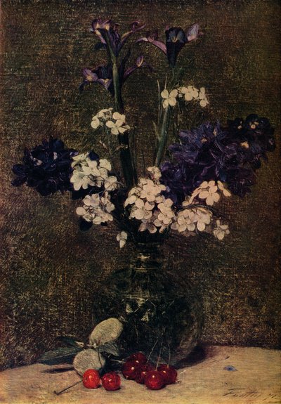 Blumenvase mit Kirschen und Mandeln auf dem Tisch, Stillleben, Schwertlilien, Delphinium-Hybriden von Ignace Henri Jean Fantin Latour