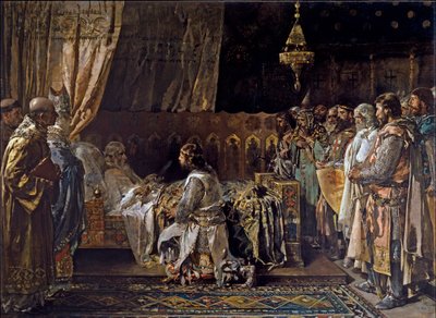 Jakob I. von Aragon, genannt der Eroberer, übergibt seinem Sohn Peter III. von Aragon, genannt der Große, sein Schwert von Ignacio Pinazo Camarlech