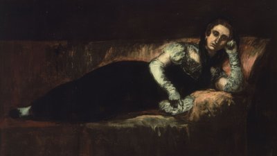 Liegende Frau mit Mantilla auf dem Kopf und Handschuhen – 20. Jahrhundert von Ignacio Zuloaga y Zabaleta