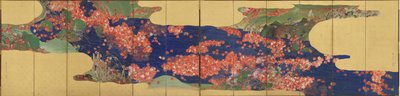 Ahornblätter auf einem Bach, sechsteilige Paravent, Edo-Periode von Ikeda Koson