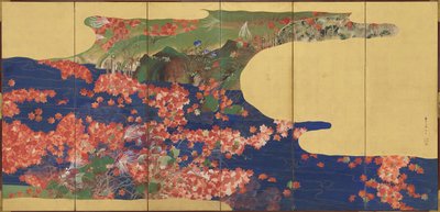 Ahornblätter auf einem Bach, sechsteiliges Paravent, Edo-Periode, 1856-58 von Ikeda Koson