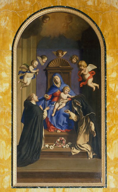 Unsere Liebe Frau vom Rosenkranz mit St. Dominikus und St. Katharina, Kapelle der St. Katharina, Basilika St. Sabina, Rom, Italien von Il  Sassoferrato