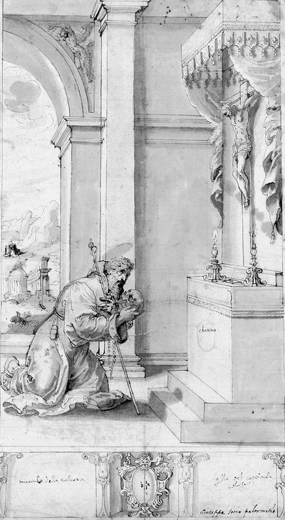 Ein Heiliger, der vor einem Altar mit einem Kruzifix kniet: Entwurf für ein Prozessionsbanner von Il (c.1550 1611) Sozzo