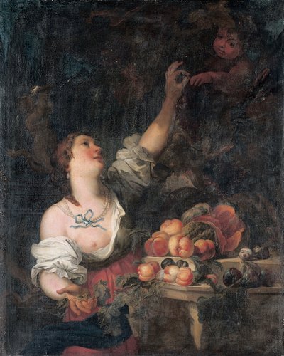 Eine Frau pflückt Trauben und ein Putto bei einem klassischen Sockel, der mit Früchten geschmückt ist von Il Borgognone
