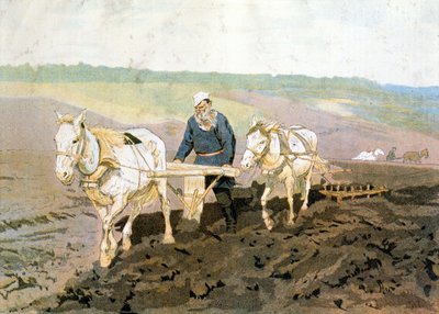 Graf Tolstoi pflügt - nach dem Gemälde von Repin von Ilya Efimovich (after) Repin