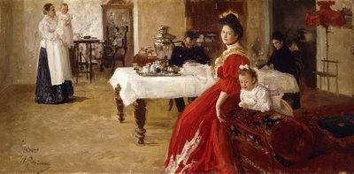Die Tochter des Künstlers, Tatiana und ihre Familie in einem Innenraum von Ilya Efimovich Repin