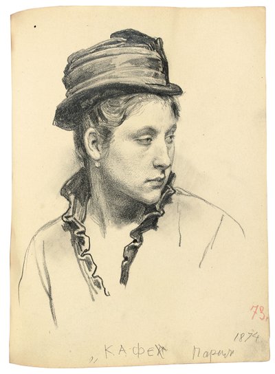 Frau mit Hut, Kopf zur Seite gedreht, 1874 von Ilya Efimovich Repin