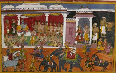 Ein Brahmane konsultiert Rama über den Tod seines Sohnes, während der Körper in einer Urne aufbewahrt wird von Indian School