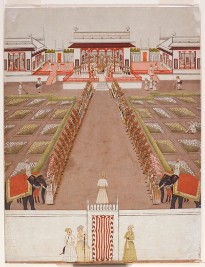 Ein Nawab hält Hof in einem Pavillon, jenseits einer Allee von Gefolgsleuten und zwei Elefanten von Indian School