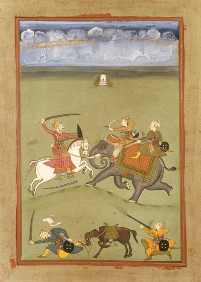 Ein Prinz kämpft gegen seine Feinde auf einem Elefanten, ca. 1710 von Indian School