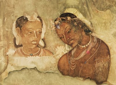 Eine Prinzessin und ihr Diener, Kopie eines Freskos aus den Ajanta-Höhlen, Indien von Indian School