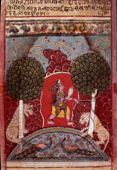 Eine Kobra wird in einem von Tieren bevölkerten Wald gefangen. Miniatur der Schule von Malwa (Indien) um 1680. Private Sammlung von Indian School