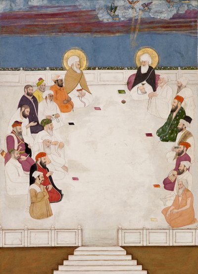 Eine Gruppe indischer Heiligen und Heiliger, darunter Mullah Shah und Aurangzeb, sitzend von Indian School