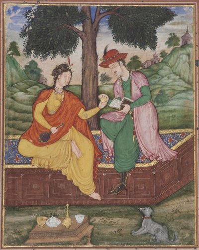 Ein Mann und eine Frau sitzen unter einem Baum, ca. 1590 von Indian School