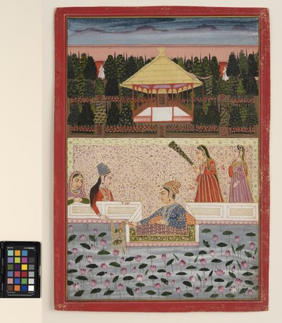 Ein Prinz und eine Prinzessin spielen mit Wunderkerzen an einem Lotusbecken, ca. 1760 von Indian School