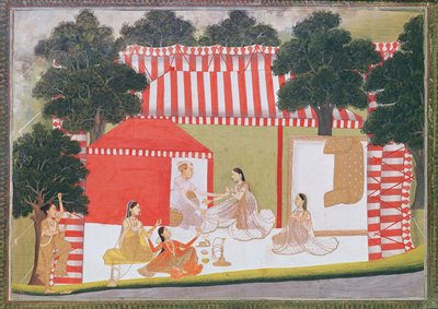 Ein Prinz versucht, eine Dame in sein Zelt zu ziehen; eine Magd und Freunde schauen überrascht zu, um 1760 von Indian School