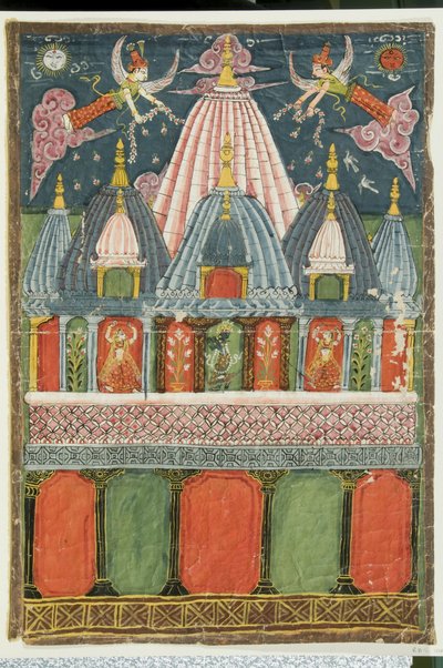 Ein Tempel mit einem Bild von Venu-gopala-krishna mit zwei tanzenden Mädchen, die für die Gottheit auftreten, 1823 von Indian School