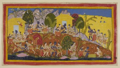 Oben in der Mitte werfen sich Bharata und Shatrughna zu Füßen von Rama, der seine jüngeren Brüder umarmt und ihre Köpfe riecht. Rama nimmt sie auf seinen Schoß, während er nach ihrem Wohlbefinden und dem ihres Vaters fragt. von Indian School