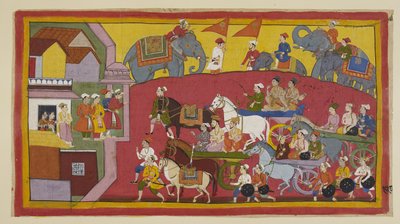 Die Streitwagen von Vasistha und den Prinzen, begleitet von verschiedenen Ministern und Leuten, betreten die Stadt Nandigrama. von Indian School