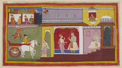 Add 15296 (1) f.18r, Vasistha kehrt in den Palast zurück und teilt Dasaratha mit, dass alles für die Zeremonie vorbereitet ist. Dasaratha zieht sich in eine innere Kammer des Palastes zurück. Oben schaut Kaikeyis Dienerin Manthara aus einem oberen Fenster  von Indian School