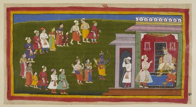 Rama und Laksmana, wie zuvor gekleidet, aber bewaffnet mit Schwert, Bogen und Pfeilen, begleitet von Sita, gehen demütig durch die Straßen, die von trauernden Menschen gesäumt sind, zum Palast ihres Vaters. Sumantra kündigt sie dem thronenden Dasaratha an. von Indian School