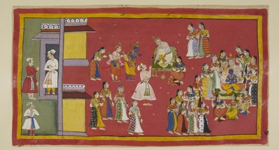Add 15296 (1) f.50r, Dasaratha hatte zuvor Sumantra befohlen, seine Königinnen und alle seine Frauen zu rufen, die nun den König umgeben, als Sumantra die Verbannten hereinbringt, um sich zu verabschieden. Dasaratha versucht, Rama davon abzuhalten, in den  von Indian School