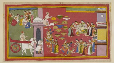 Rechts, als er seine Söhne und Sita in Rindenkleidern sieht, verliert Dasaratha das Bewusstsein und fällt vom Thron. Die drei Exilanten knien vor den Königinnen. Sita wird von Kausalya umarmt, die sie unnötigerweise daran erinnert, dass ihr erstes von Indian School