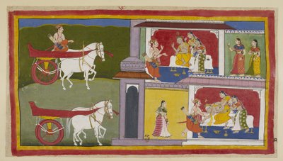 Add 15296 (1) f.72r, Links kehrt Sumantra nach Ayodhya zurück und betritt den Palast, um Ramas letzte Botschaft dem König zu überbringen, der mit Kausalya und Sumitra an seiner Seite sitzt. Der König fällt in Ohnmacht und wird von Sumantra und den Königinn von Indian School