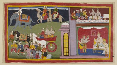 Die Boten, in einer oberen Kammer, sagen den Prinzen, dass sie nach Ayodhyā zurückkehren sollen. Unten im Thronsaal, für die Reise gekleidet, verabschieden sich die Prinzen von König Kaikeyi und seinem Sohn Yudhājit. Sie sitzen in einem Streitwagen mit den von Indian School