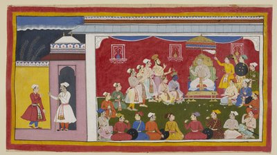 Dasaratha sitzt auf seinem Thron im vollen Durbar, mit Rama und Laksmana, die neben ihm knien, während der Bote, den Bharata vom Hof seines Großvaters geschickt hat, dem König erzählt, wie fleißig seine anderen beiden Söhne studieren. Ein Ring von C von Indian School