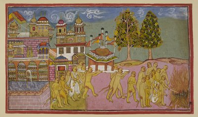 Der Körper von Bali, in Weiß gehüllt, wird in einer Kuppel-Palanquin aus dem Palast getragen und in einem Scheiterhaufen verbrannt, mit Sugriva und Angada, die die Bestattungsriten leiten von Indian School