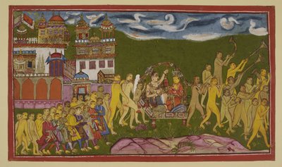 Sugriva und Laksmana werden in einer goldenen Sänfte, getragen von Affen, von Kiskindha transportiert von Indian School