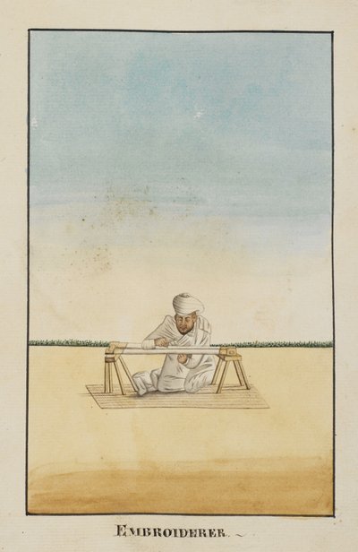 Stickerei sitzend an seinem Rahmen von Indian School