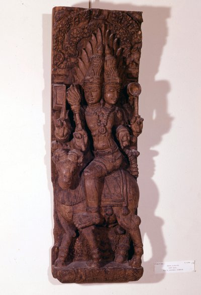 Agni, Feuergott, dargestellt mit zwei Köpfen (bizephal) auf einem Widder, nach der hinduistischen Mythologie. Holzskulptur aus dem 17. Jahrhundert. Paris, Musée Guimet. von Indian School
