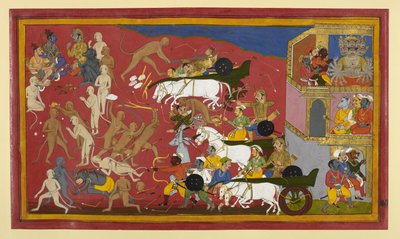 Akampana wird von Hanuman getötet; Ramas Rat plant, während Dämonen sich zurückziehen von Indian School