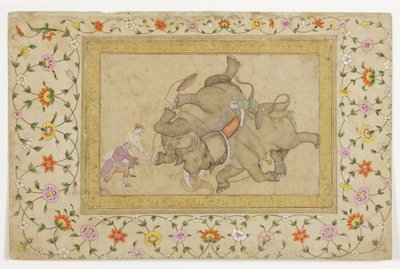 Ein Elefantenkampf mit floraler Arabeskenbordüre von Indian School