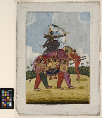 Ein Elefant, zusammengesetzt aus tanzenden Frauen, dient als Reittier für einen Bogenschützen, ca. 1825 von Indian School