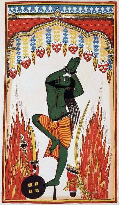 Aradjama, betend und Buße tuend, um die Waffen zu erhalten, die ihn unbesiegbar machen werden, Lithographie 18. Jahrhundert von Indian School