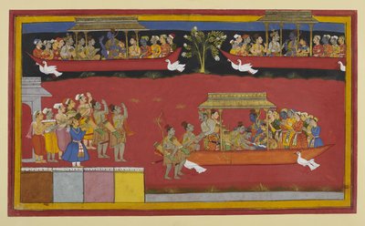Bharata und Shatrughna begrüßen Rama und Sita, während der Pushpaka abfliegt von Indian School